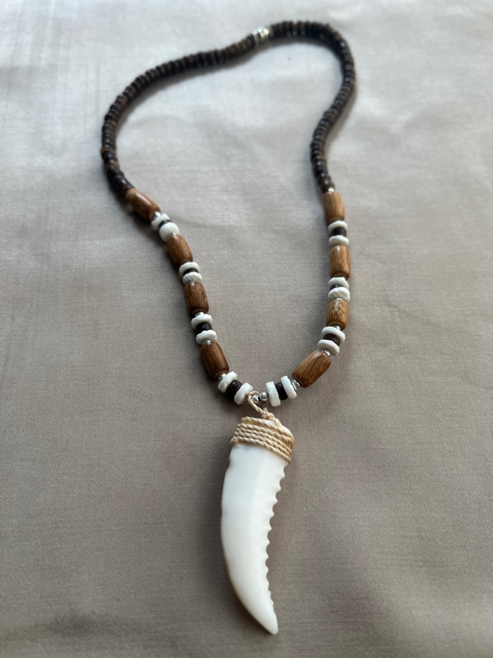 Unisex Natural Brown and White Beaded Necklace with White Tooth Shaped Pendant